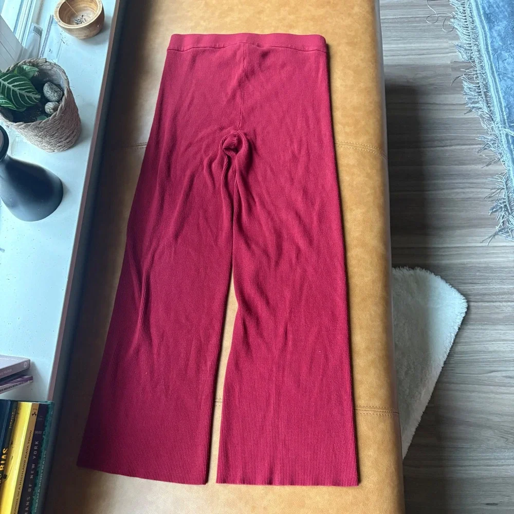House of Harlow 1960 Ribbed Wide Leg Lounge Pants Burgundy Knit M‎